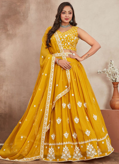 Embroidered Georgette Mustard Lehenga - L3284