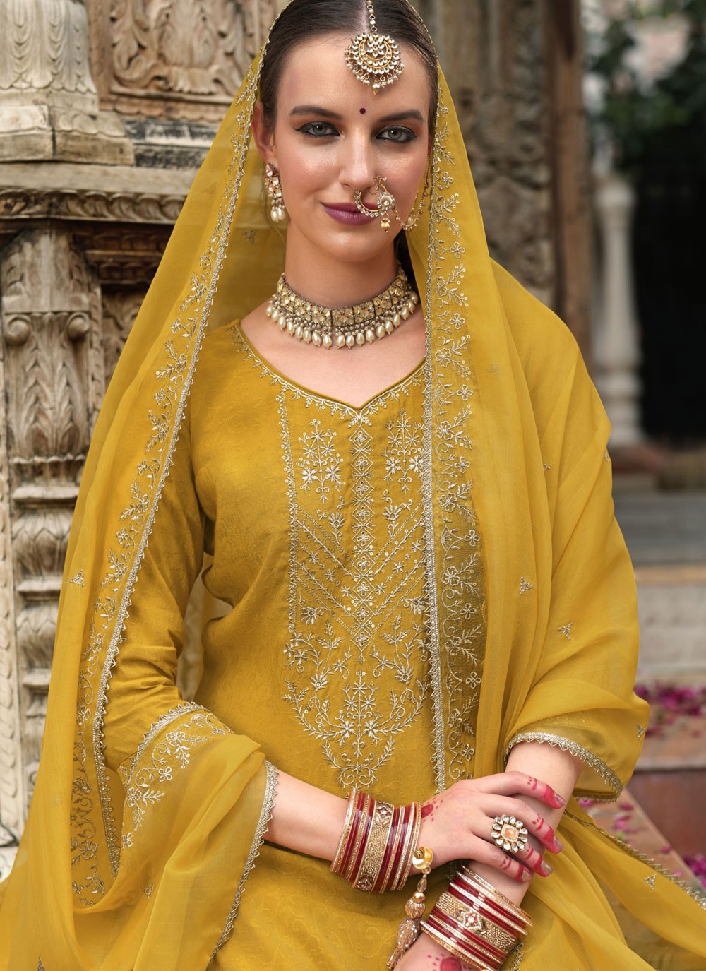 Patiala Suit Embroidered, Resham Mustard T7844