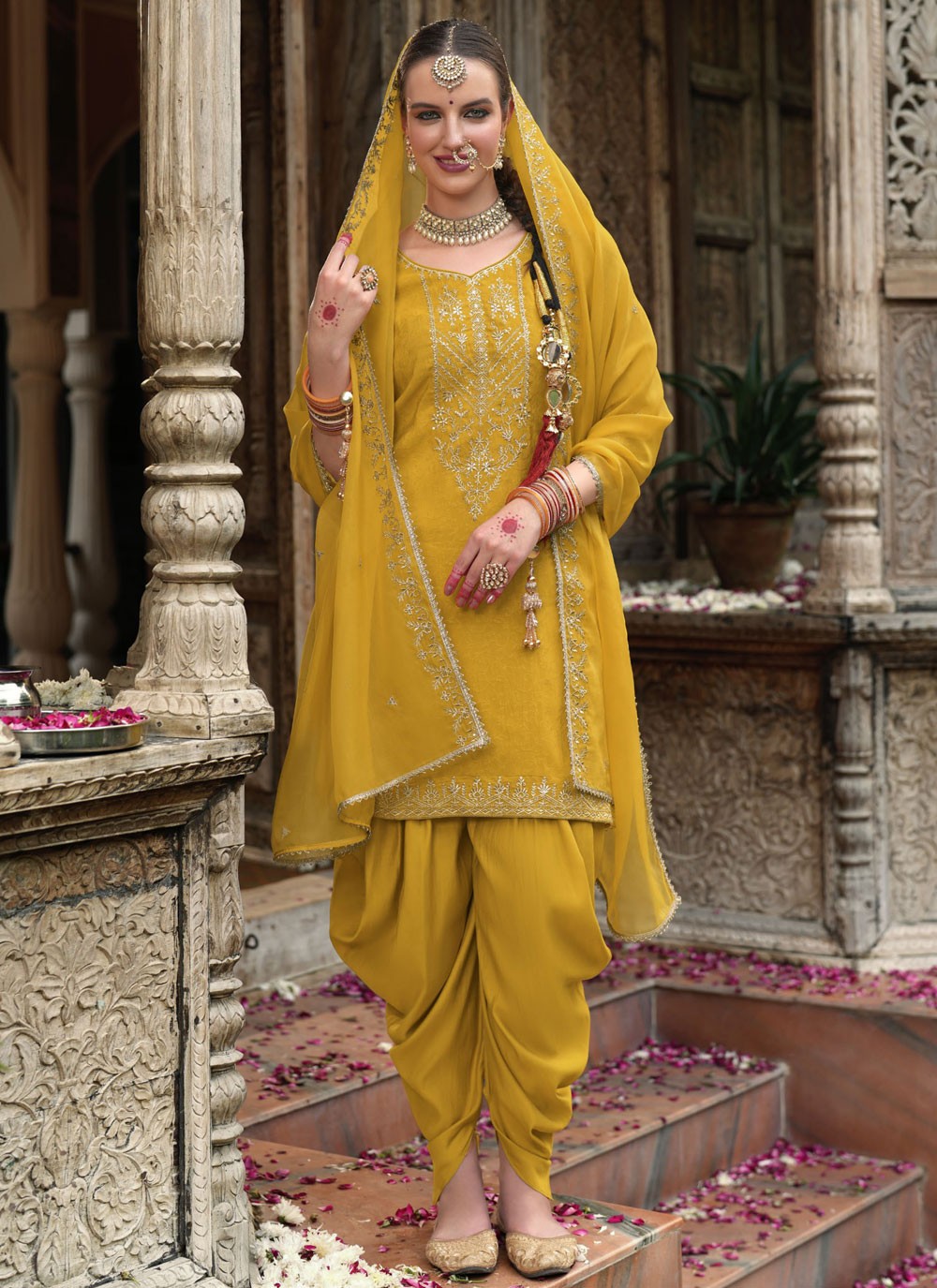Patiala Suit Embroidered, Resham Mustard T7844