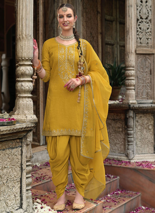 Patiala Suit Embroidered, Resham Mustard T7844
