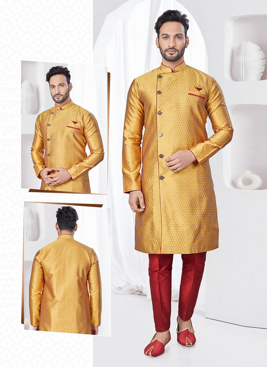 Plain Jacquard Mustard Indo Western - M7686