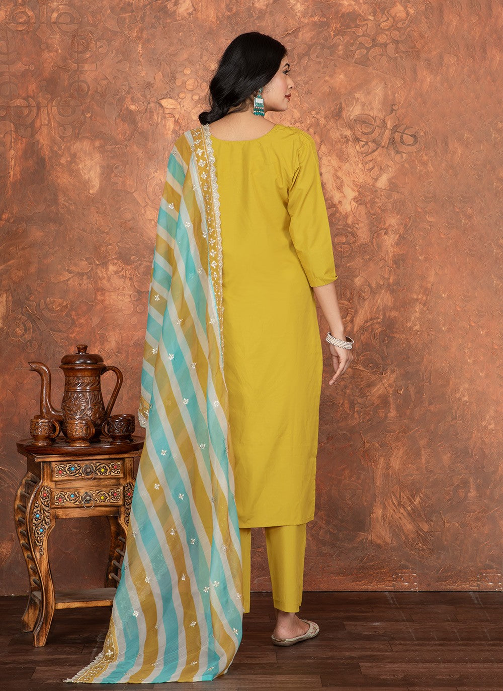 Pant Style Suit Embroidered Mustard Chanderi Cotton T5026