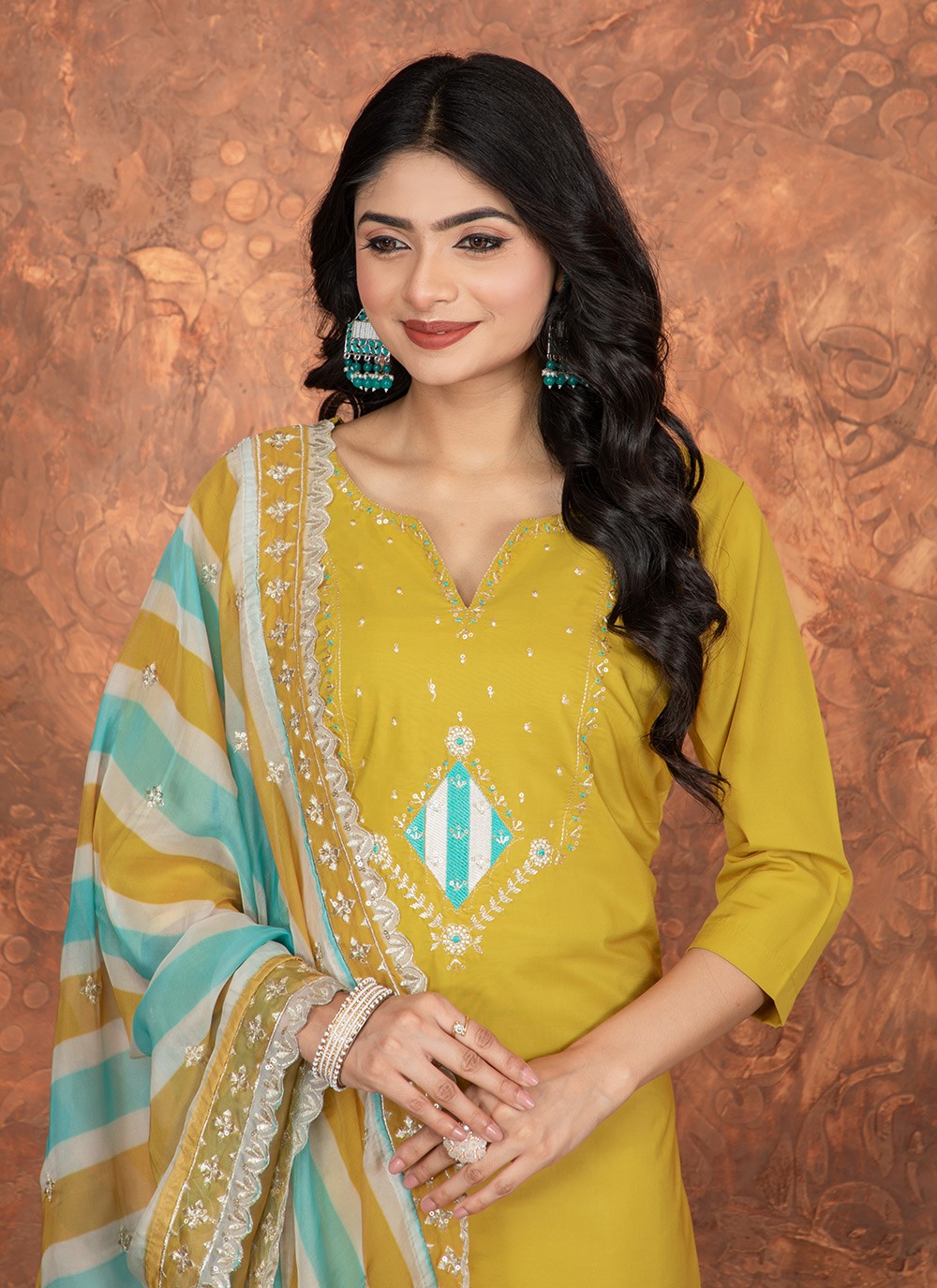 Pant Style Suit Embroidered Mustard Chanderi Cotton T5026