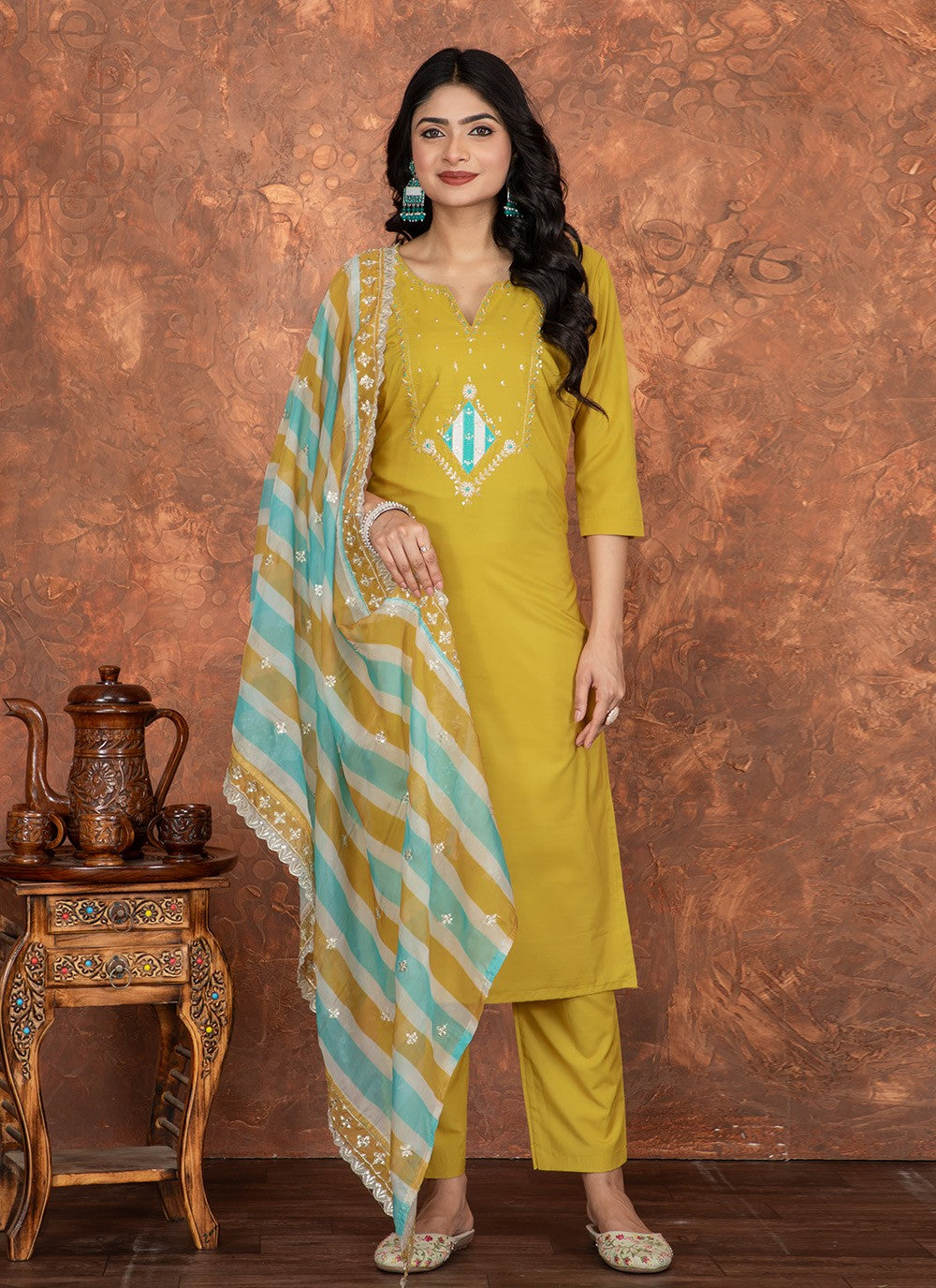 Pant Style Suit Embroidered Mustard Chanderi Cotton T5026