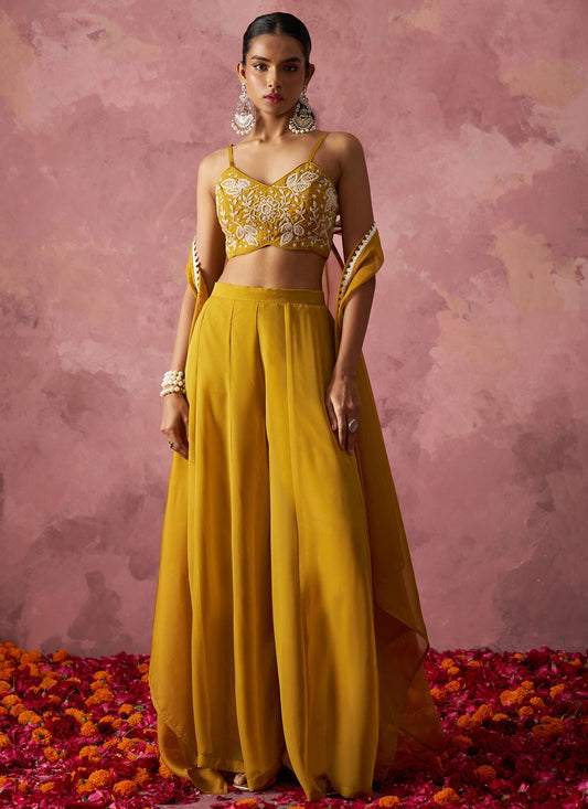 Salwar Suit Embroidered Mustard Organza T5458