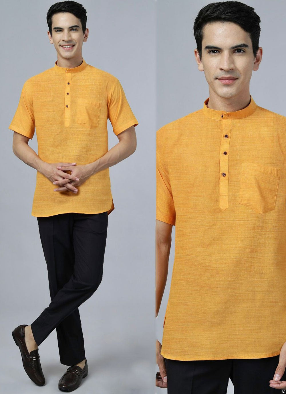Plain Cotton , Khadi Mustard Short Kurta - M6856