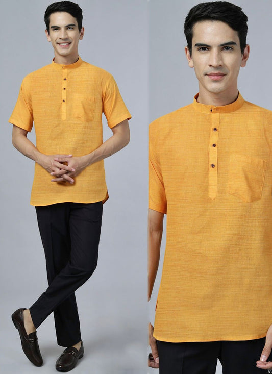 Plain Cotton , Khadi Mustard Short Kurta - M6856