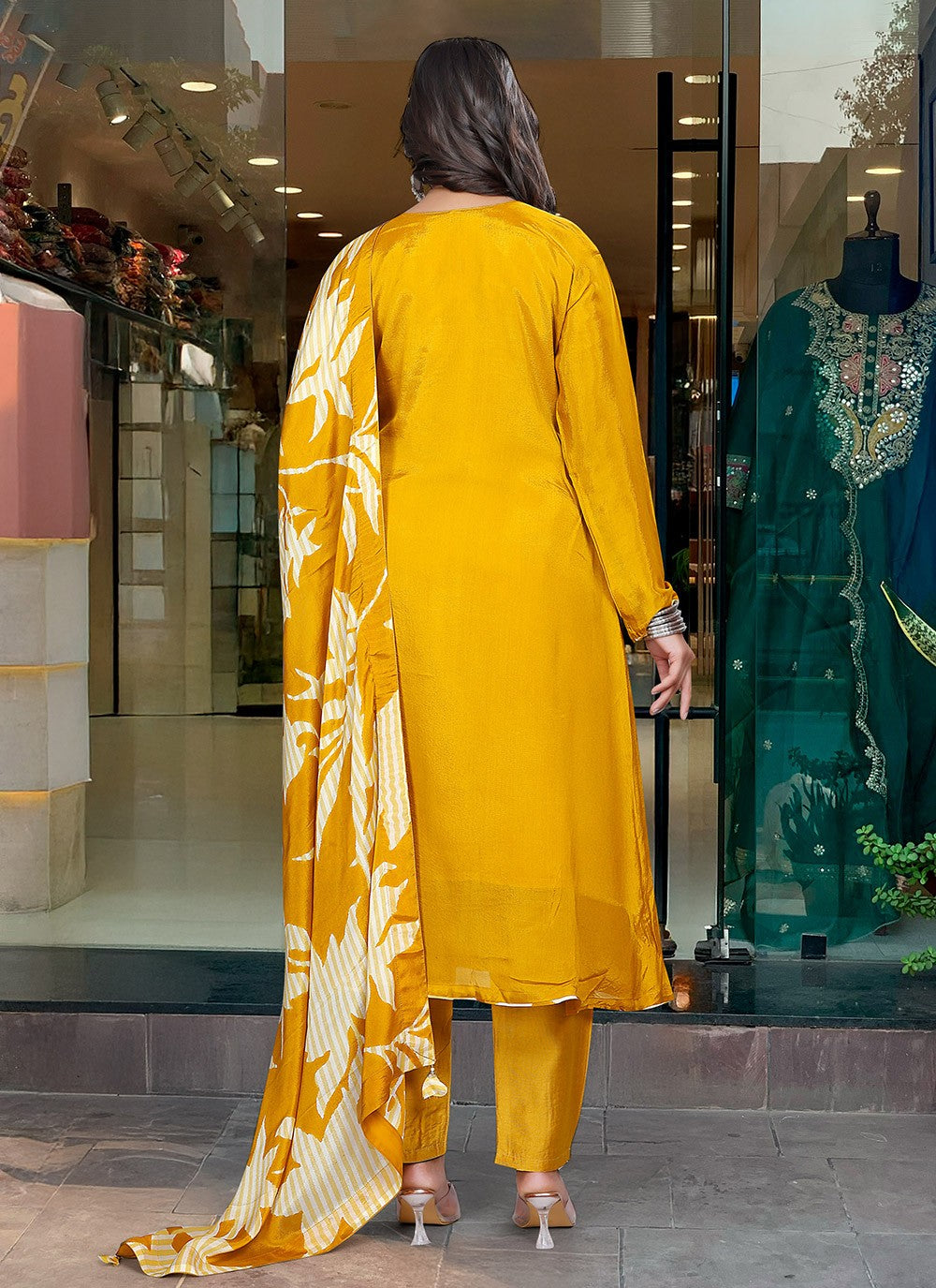 Embroidered Chinon Mustard Pant Style Suit T6254