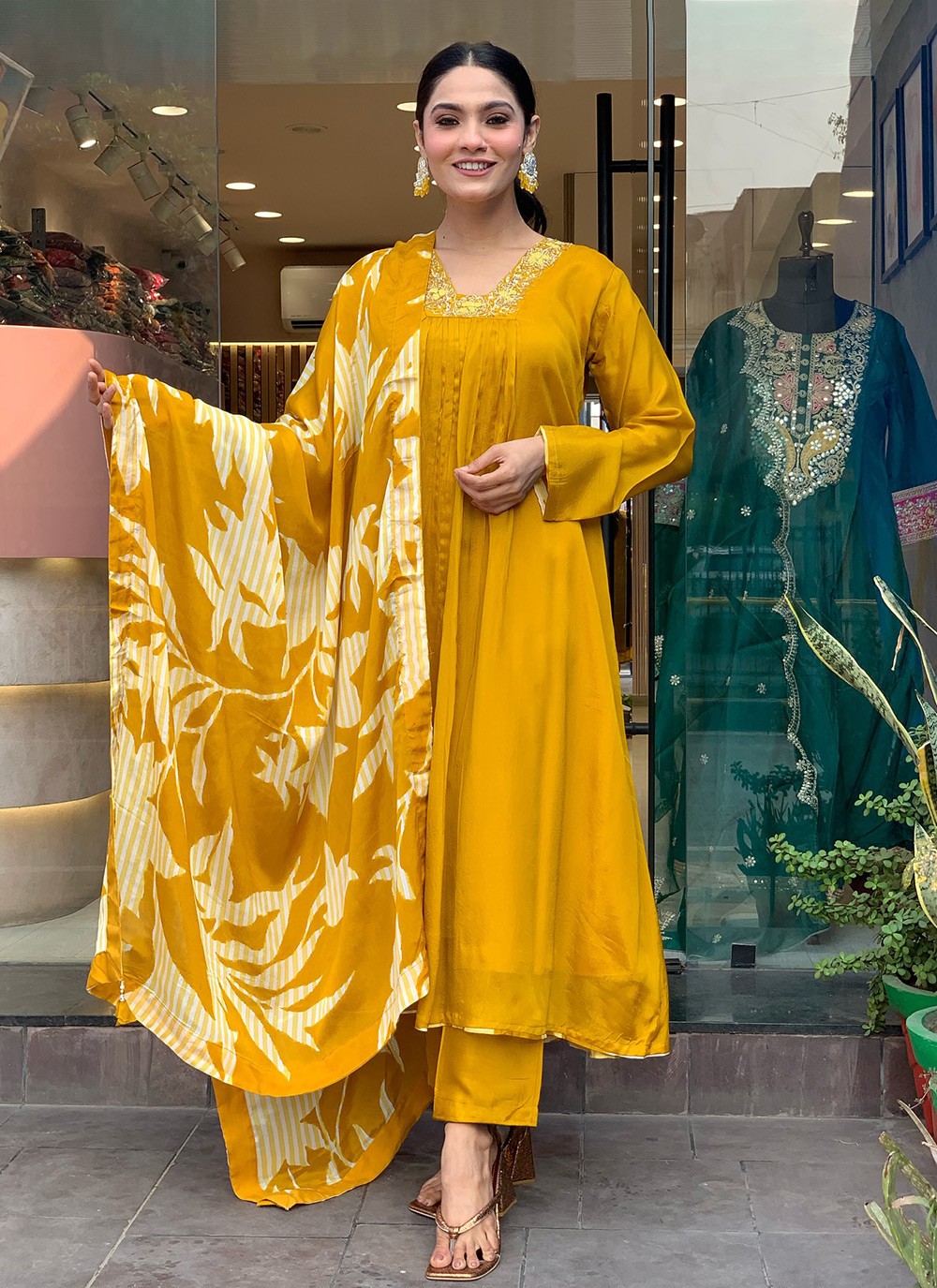 Embroidered Chinon Mustard Pant Style Suit T6254
