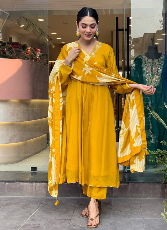 Embroidered Chinon Mustard Pant Style Suit T6254