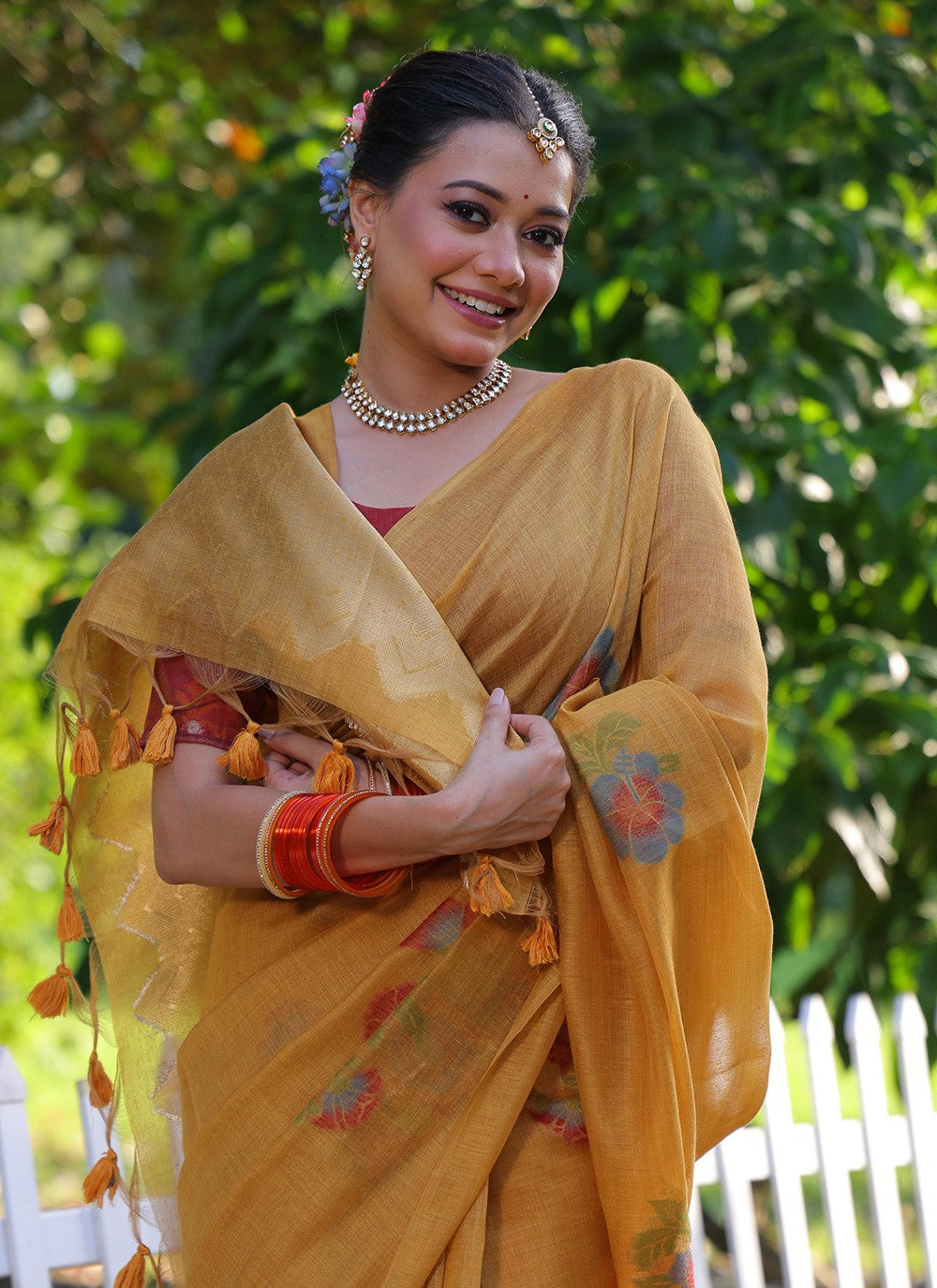 Printed Cotton Mustard Saree S14047