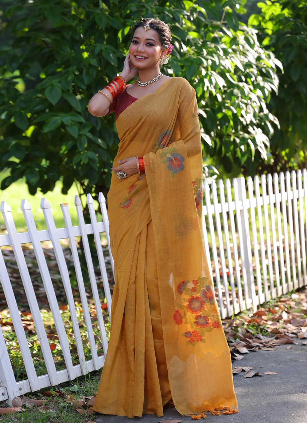 Printed Cotton Mustard Saree S13811