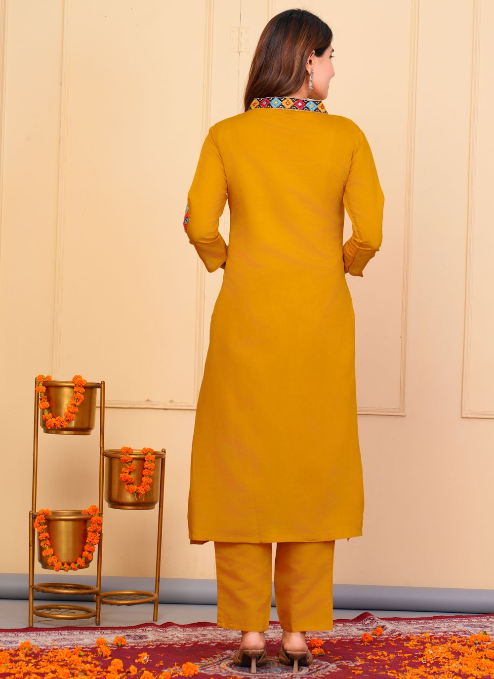 Salwar Suit Embroidered Mustard Chanderi T5138