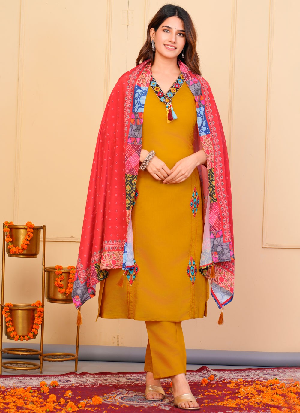 Salwar Suit Embroidered Mustard Chanderi T5138