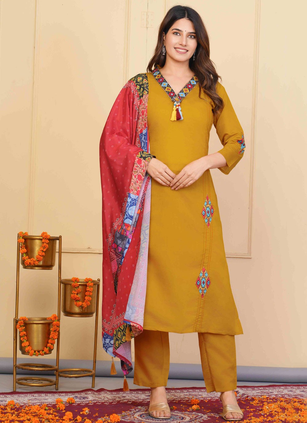 Salwar Suit Embroidered Mustard Chanderi T5138