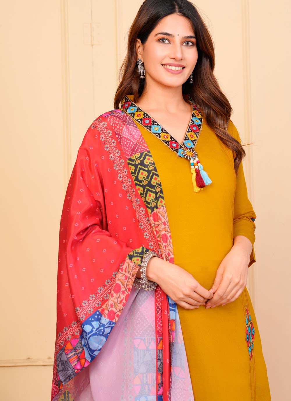 Salwar Suit Embroidered Mustard Chanderi T5138
