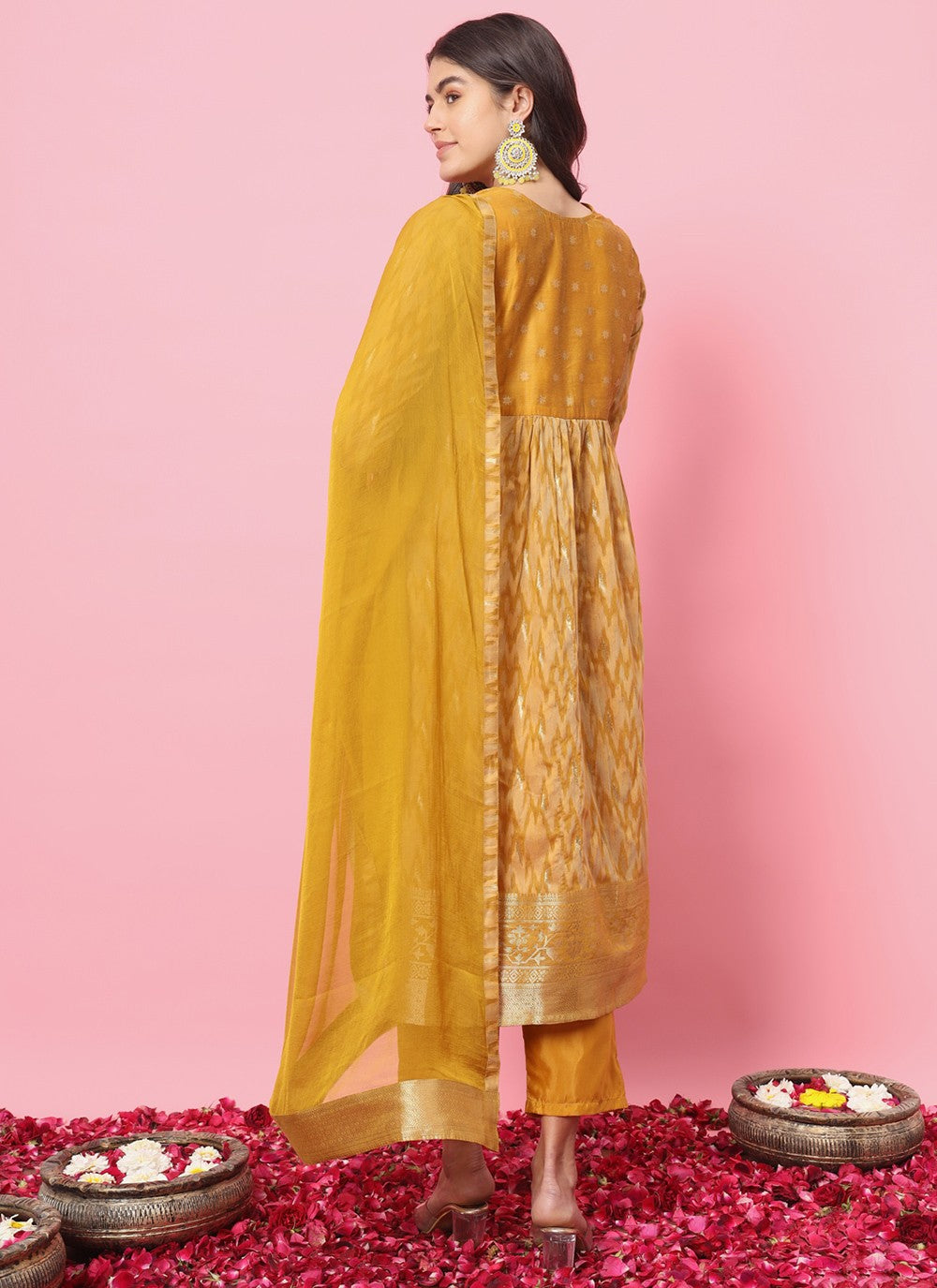 Pant Style Suit Embroidered, Printed Mustard T7214