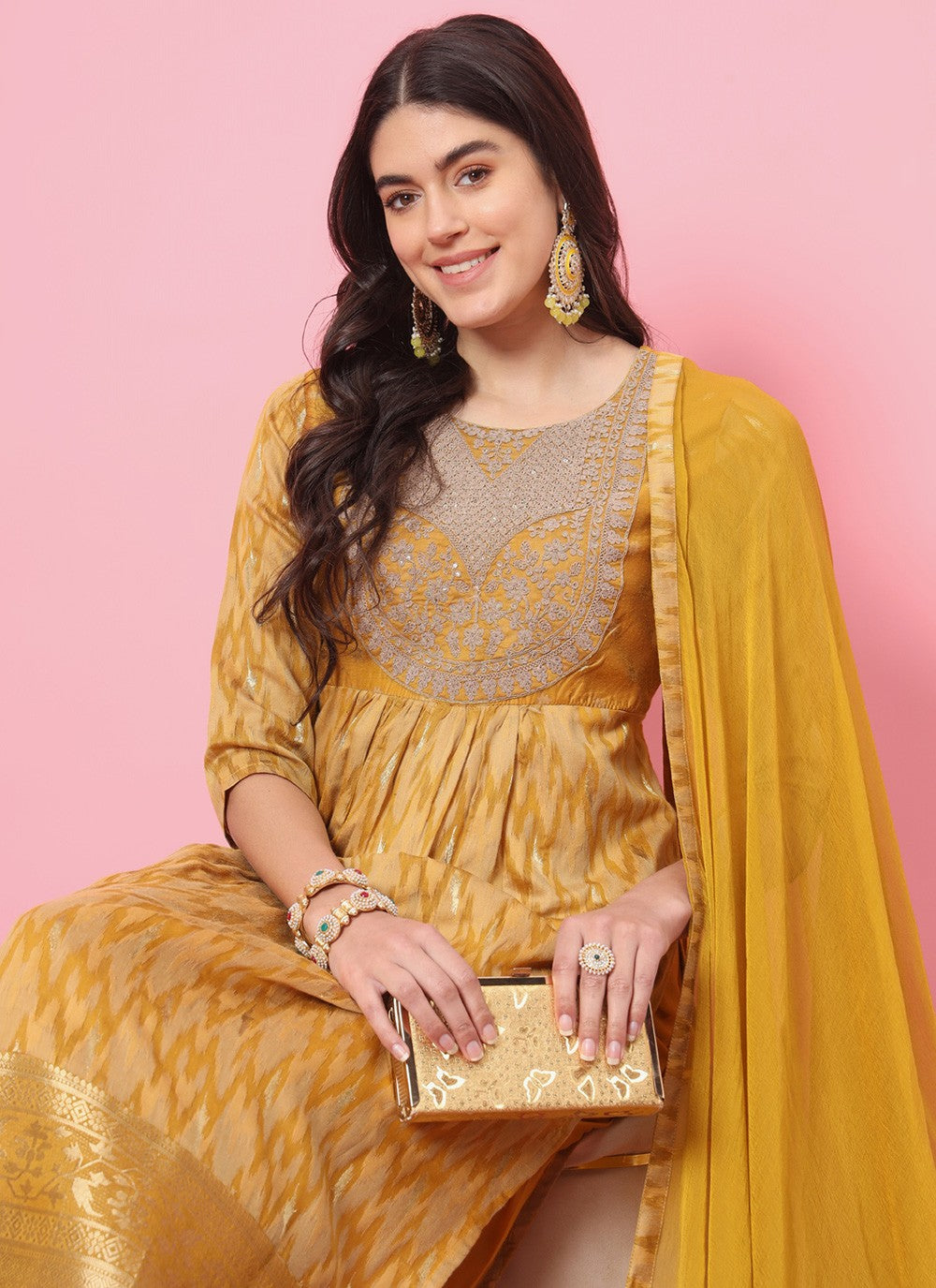 Pant Style Suit Embroidered, Printed Mustard T7214