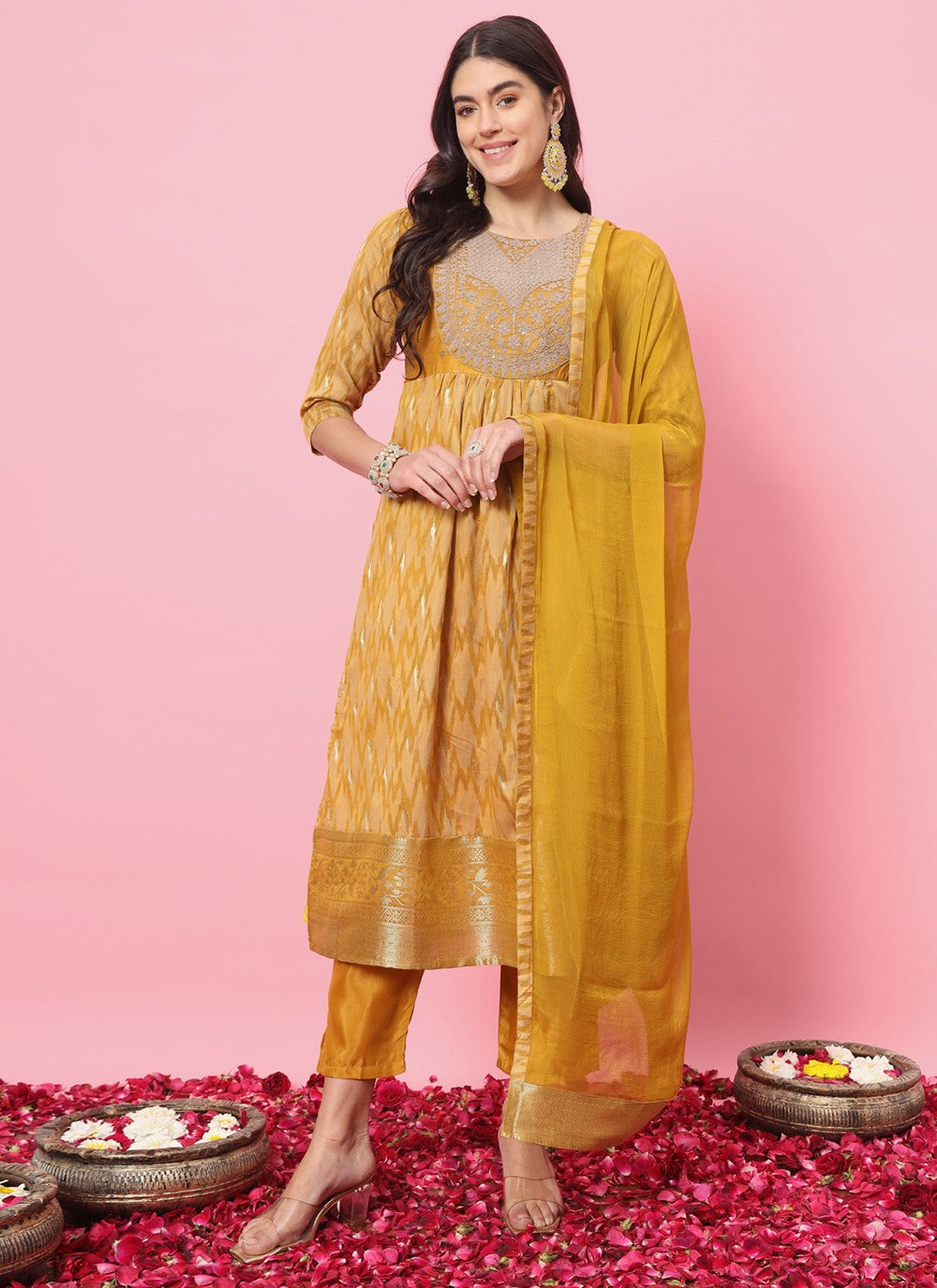 Pant Style Suit Embroidered, Printed Mustard T7214