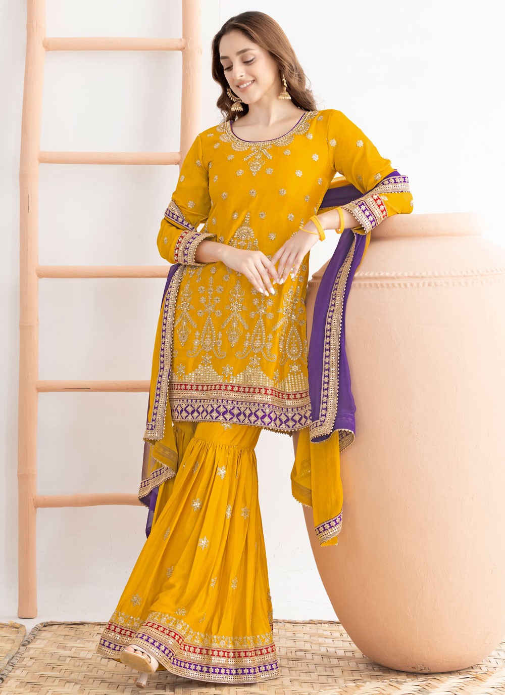 Sharara Suit Dori Work, Embroidered, Sequins Mustard T8537