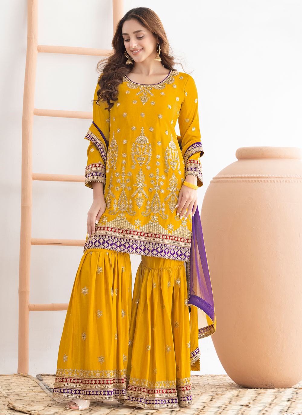 Sharara Suit Dori Work, Embroidered, Sequins Mustard T8537
