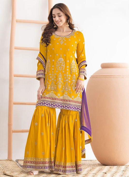 Sharara Suit Dori Work, Embroidered, Sequins Mustard T8537