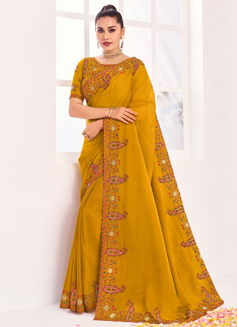 Contemporary Border Work Mustard Silk S12570