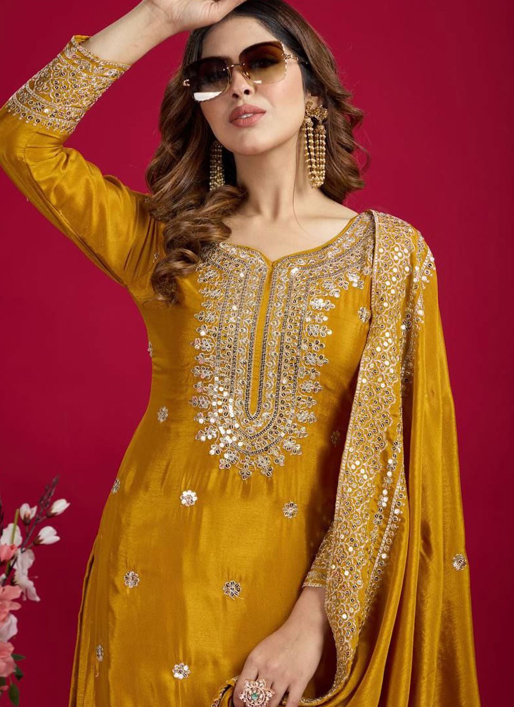 Salwar Suit Embroidered Mustard Chinon T5889