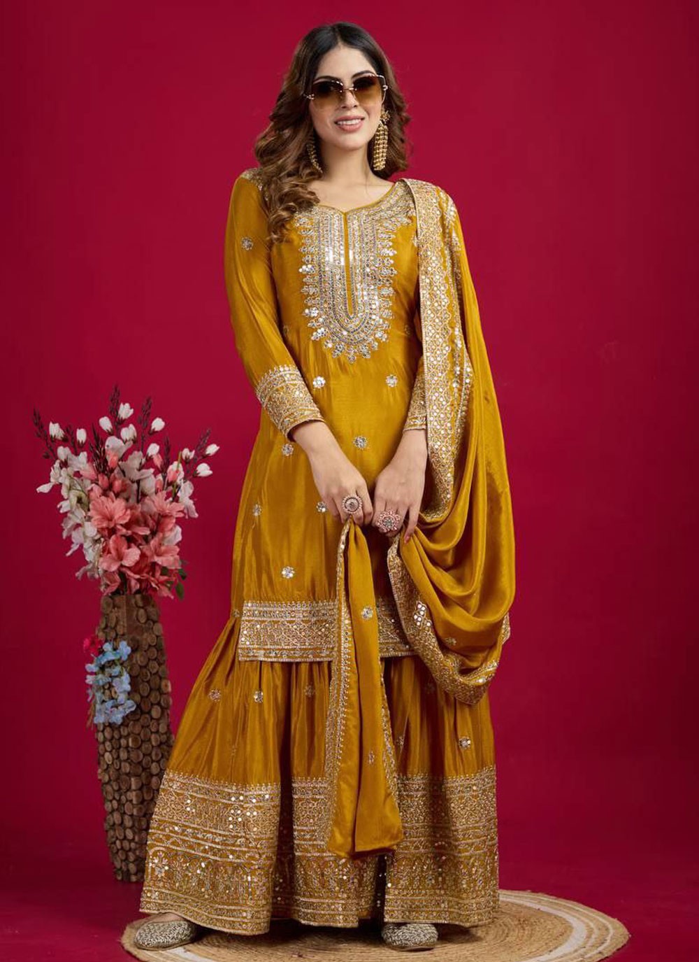 Salwar Suit Embroidered Mustard Chinon T5889