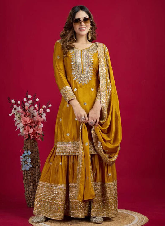 Salwar Suit Embroidered Mustard Chinon T5889