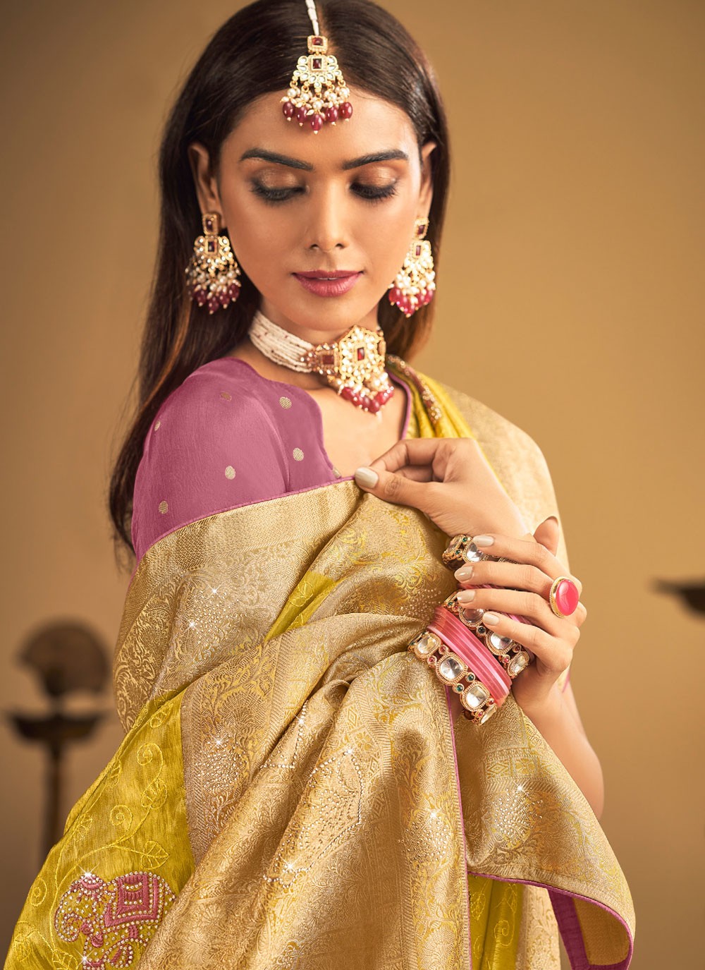 Mustard Silk Classic Saree Embroidered, Fancy Work, Stones, Swarovski, Weaving Zari, Zari S19455