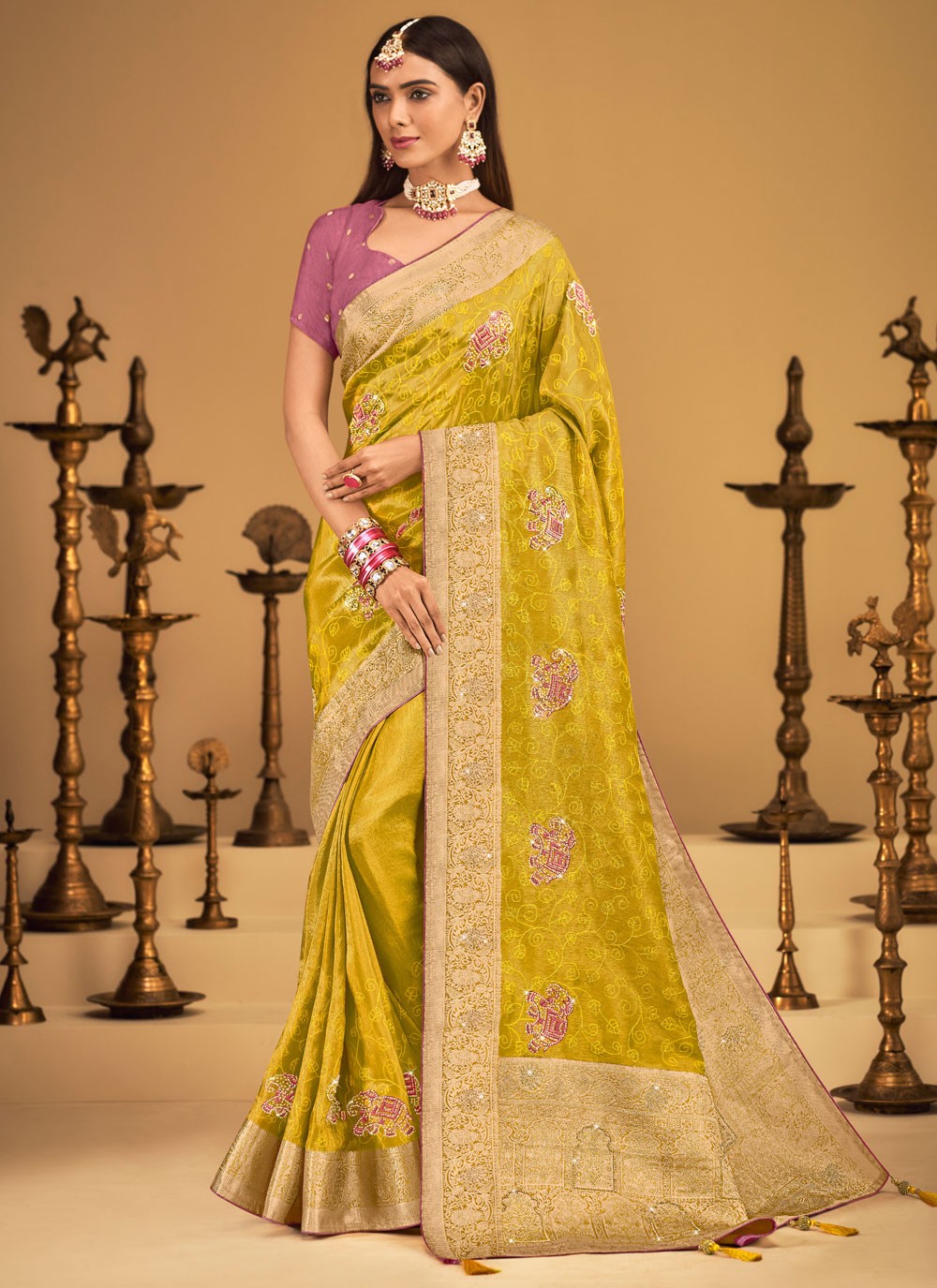 Mustard Silk Classic Saree Embroidered, Fancy Work, Stones, Swarovski, Weaving Zari, Zari S19455