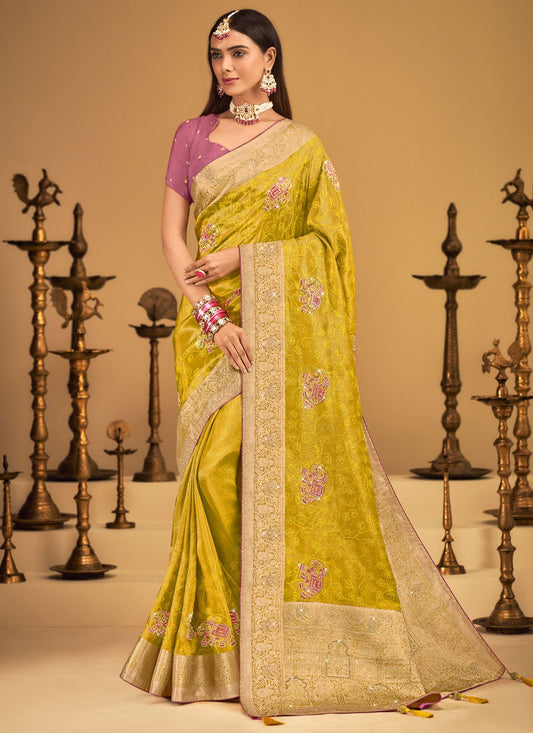 Mustard Silk Classic Saree Embroidered, Fancy Work, Stones, Swarovski, Weaving Zari, Zari S19455