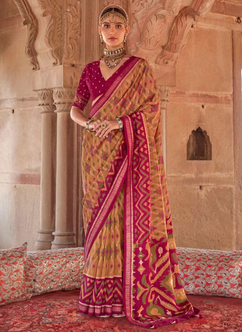 Contemporary Strips Mustard Georgette Saree S13198