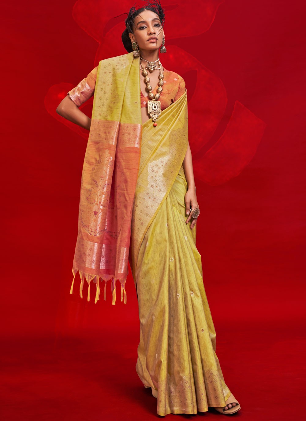 Contemporary Weaving Zari Mustard Tussar Silk Saree S12991