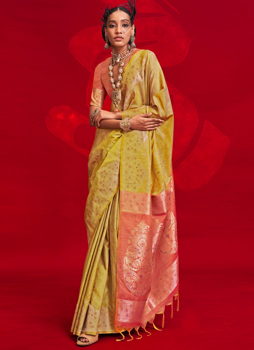 Contemporary Weaving Zari Mustard Tussar Silk Saree S12991