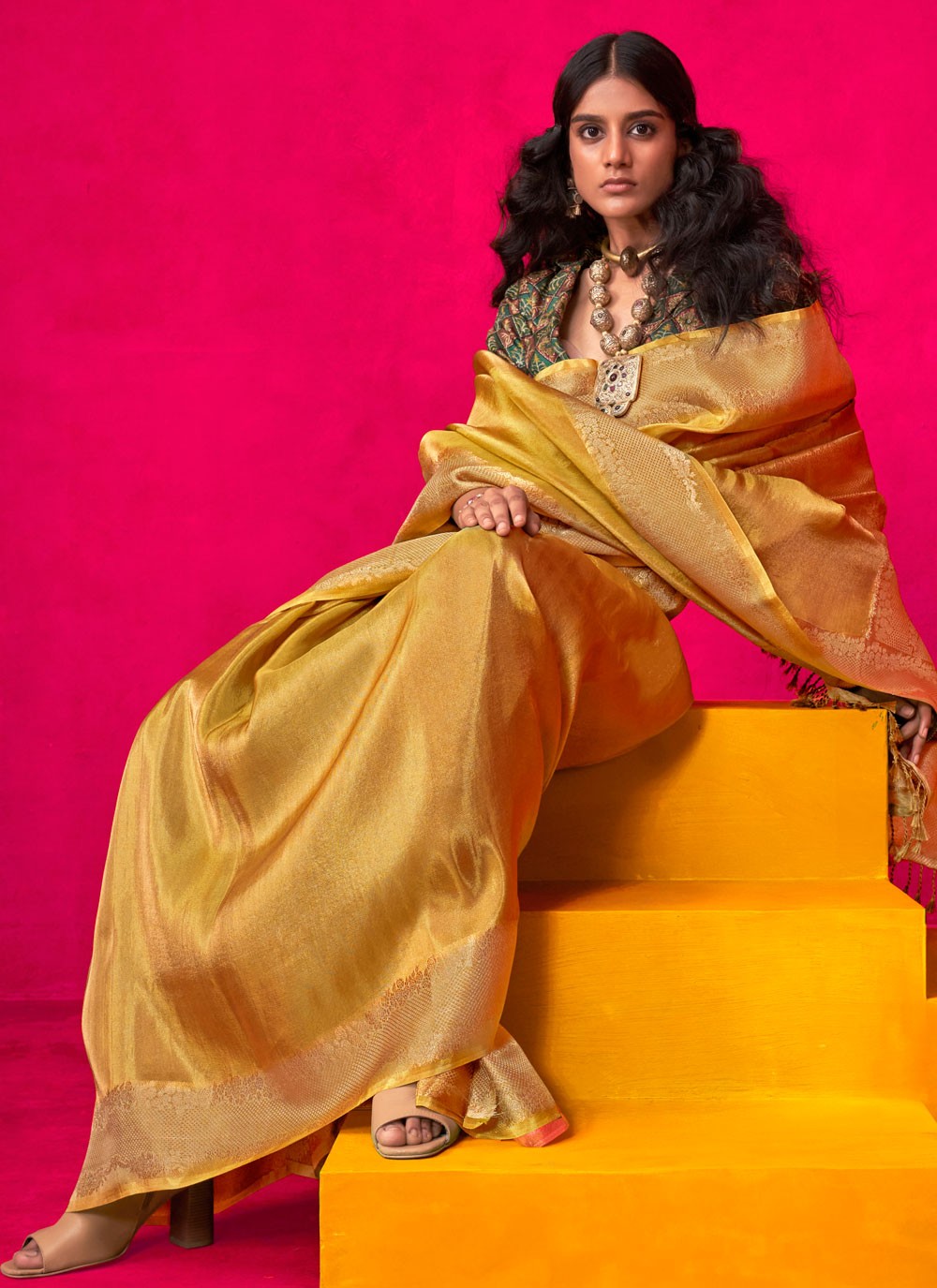Contemporary Weaving Zari Mustard Tissue Saree S13506