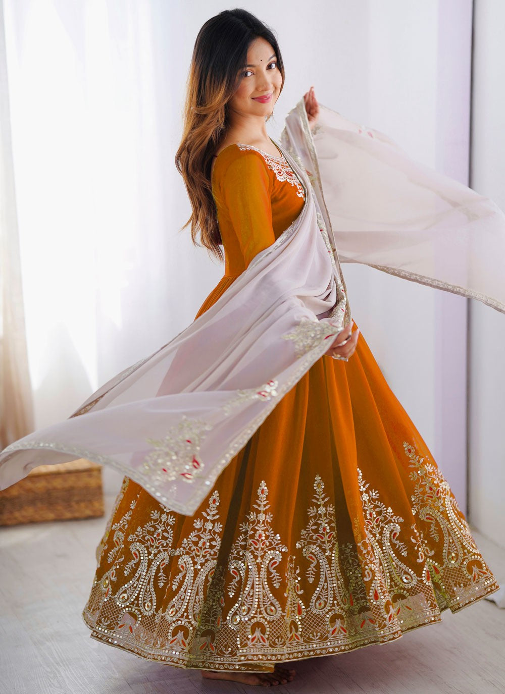 Anarkali Embroidered, Multi Work, Sequins, Thread, Zari Mustard T7576