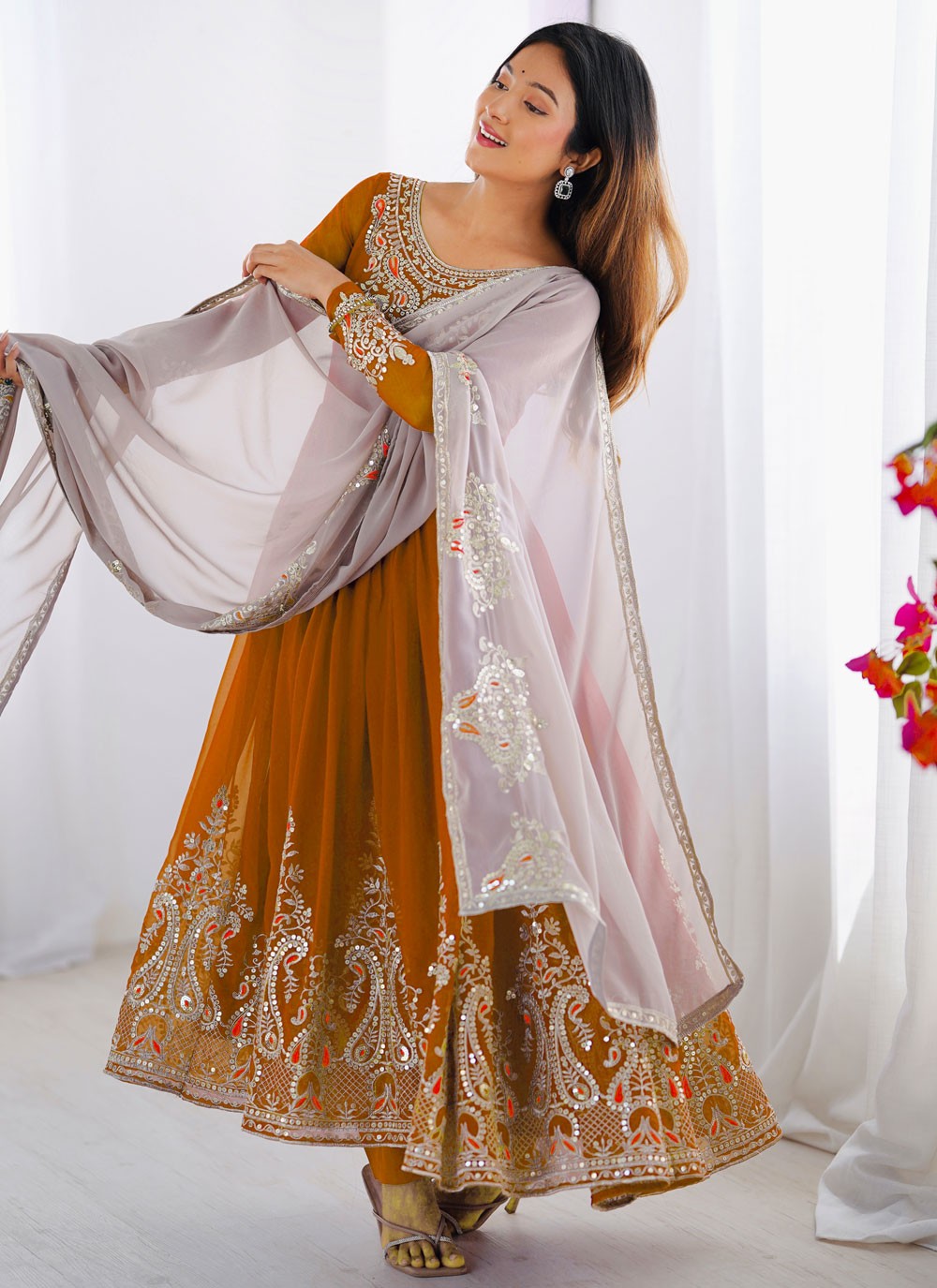 Anarkali Embroidered, Multi Work, Sequins, Thread, Zari Mustard T7576