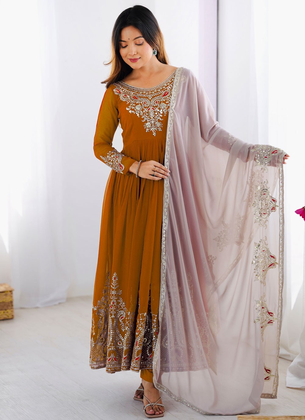 Anarkali Embroidered, Multi Work, Sequins, Thread, Zari Mustard T7576