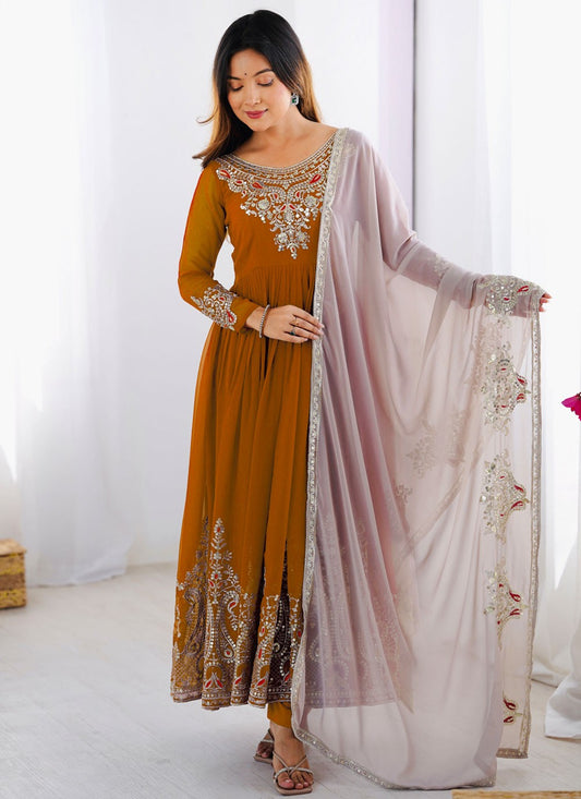 Anarkali Embroidered, Multi Work, Sequins, Thread, Zari Mustard T7576