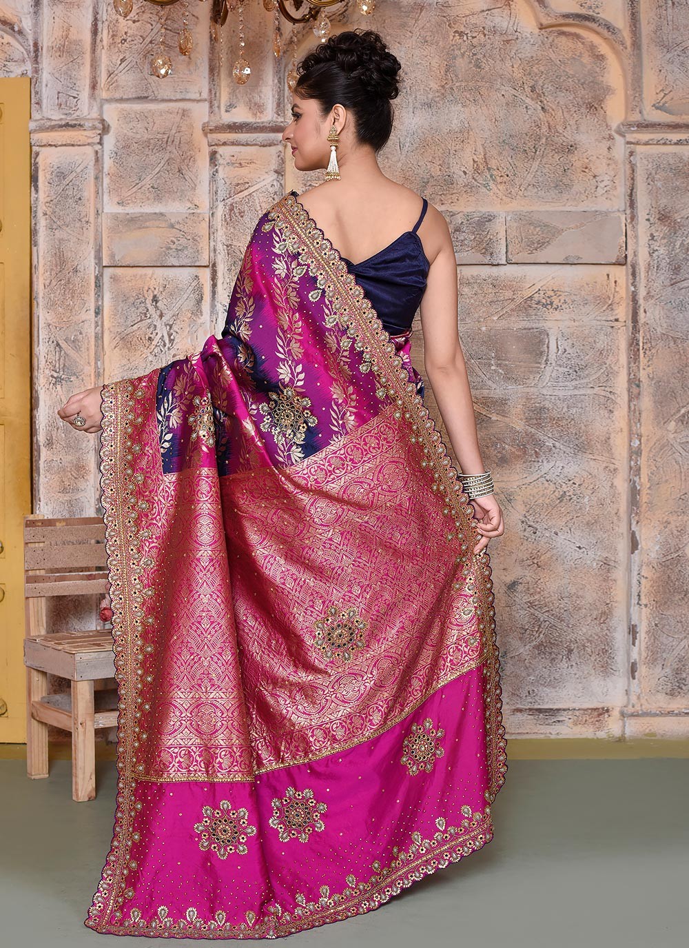 Hand Embroidery Kanjivaram Silk Hot Pink Saree S14367