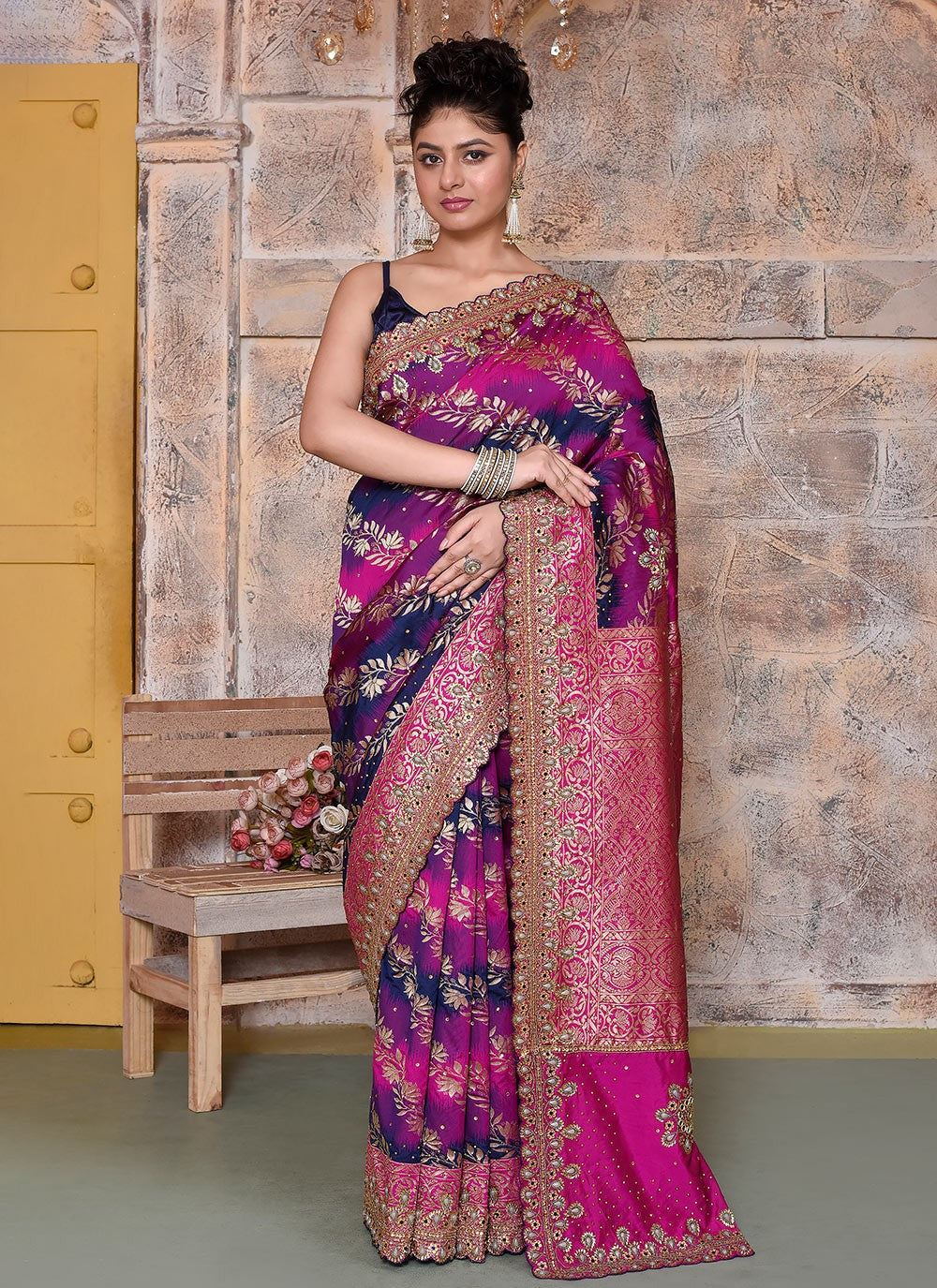 Hand Embroidery Kanjivaram Silk Hot Pink Saree S14367