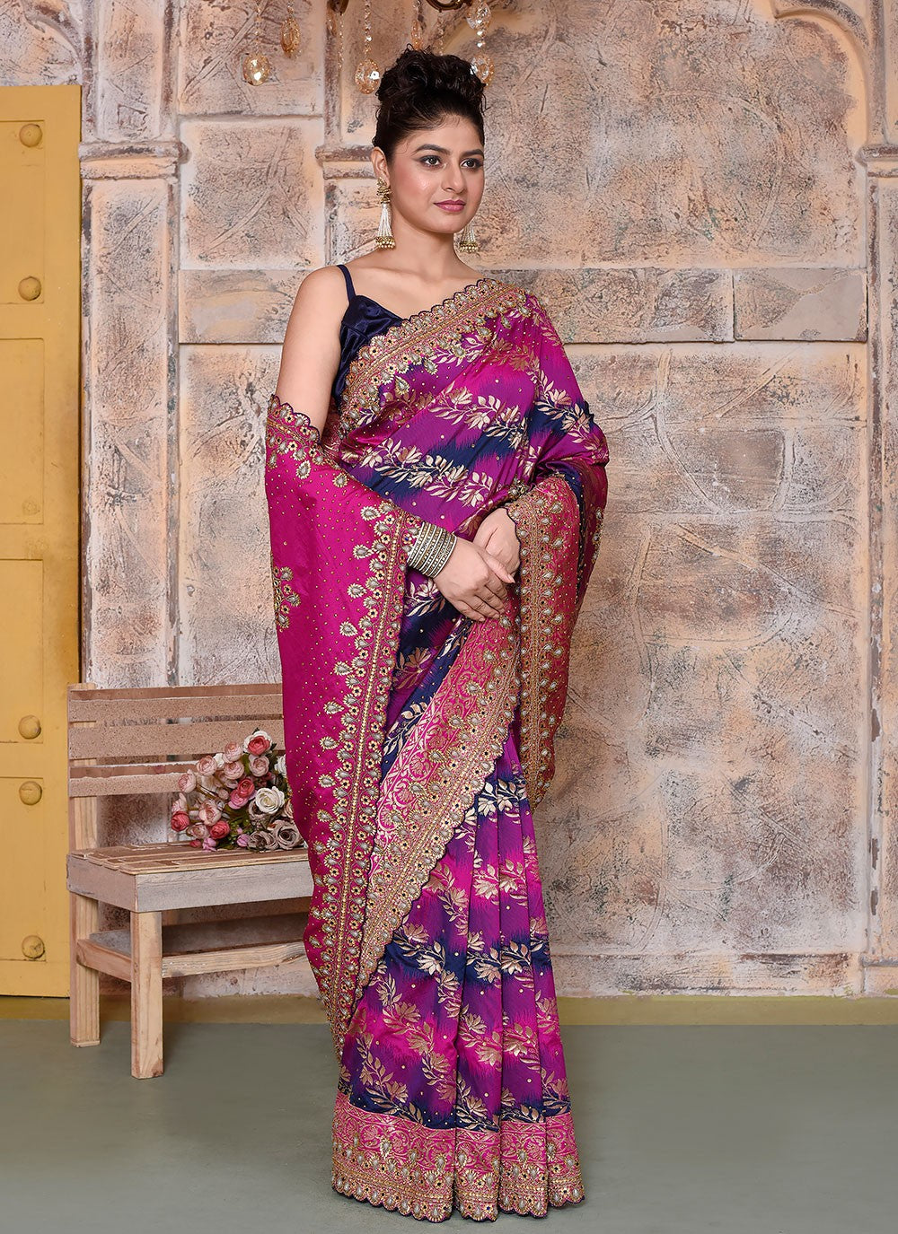 Hand Embroidery Kanjivaram Silk Hot Pink Saree S14367