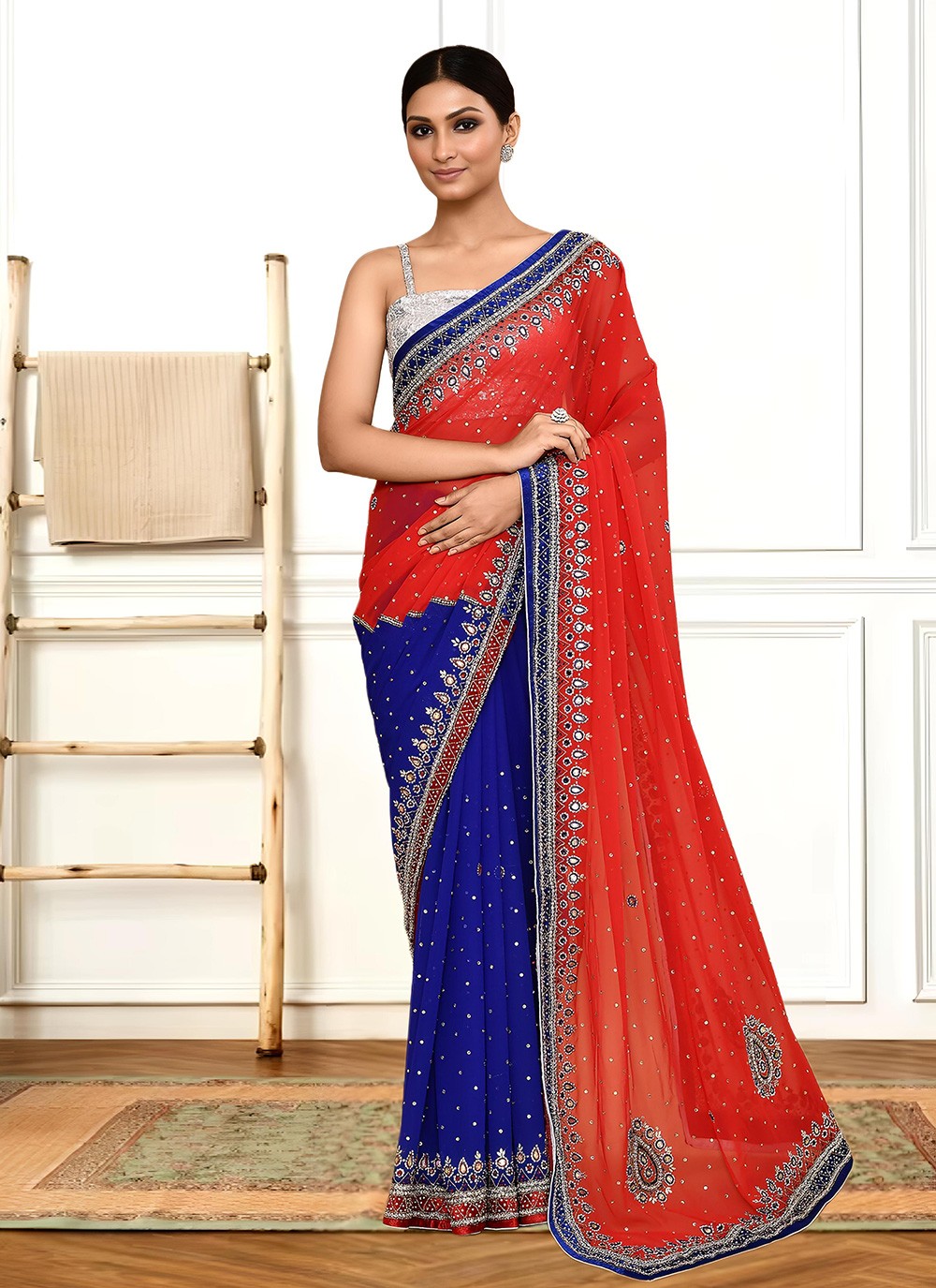 Hand Embroidery Georgette Navy Blue Saree S14261
