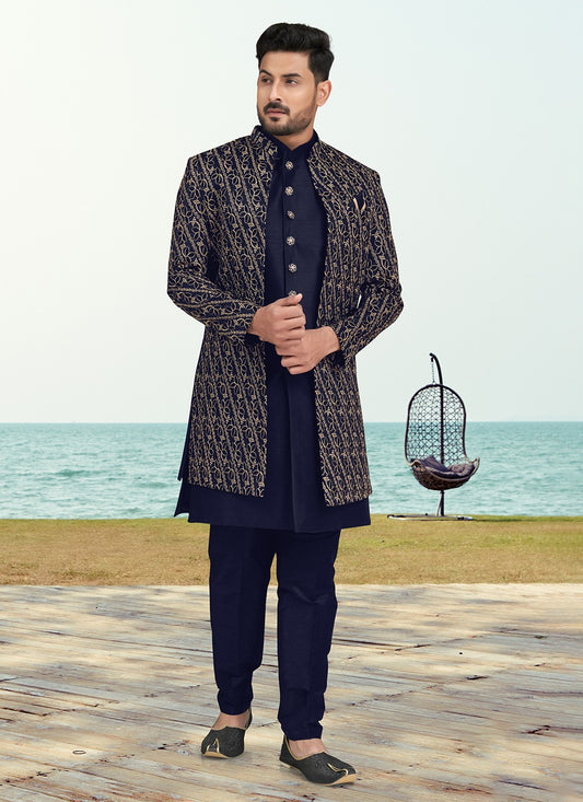 Machine Embroidery Banarasi Silk Navy Blue Sherwani - M6778