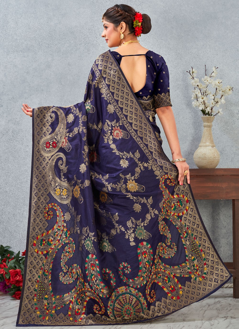 Navy Blue Banarasi Silk Traditional Saree Weaving Zari S20126