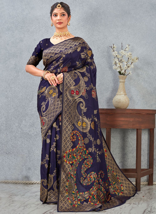 Navy Blue Banarasi Silk Traditional Saree Weaving Zari S20126