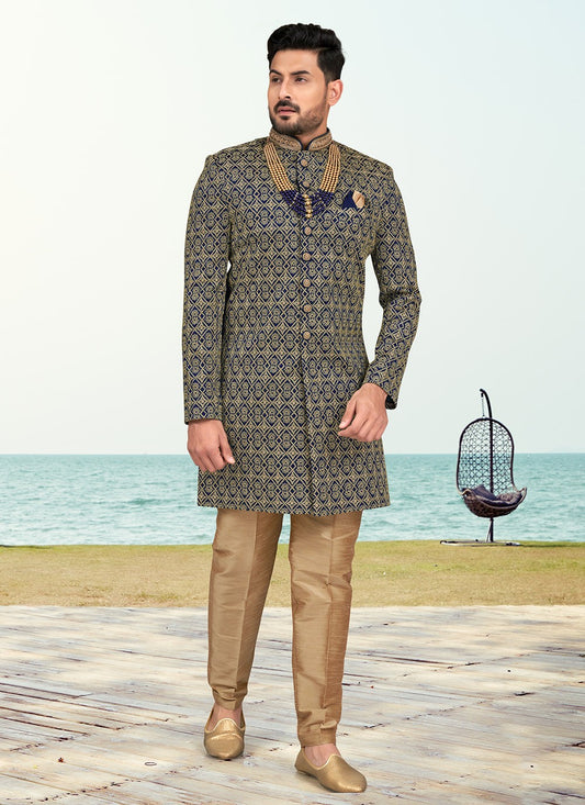 Hand Embroidery Banarasi Silk Navy Blue Sherwani - M6801