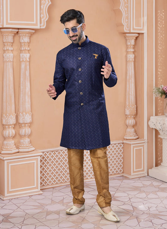 Machine Embroidery Banglori Silk Navy Blue Indo Western Sherwani - M7134